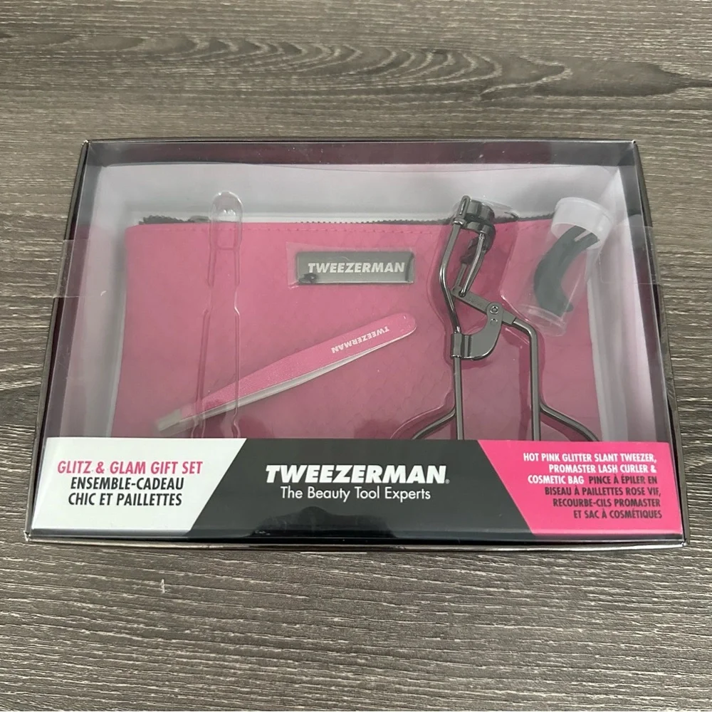Tweezerman Glitz Glam Gift Set Gunmetal Pink Tweezers Eyelash Curler Makeup Bag